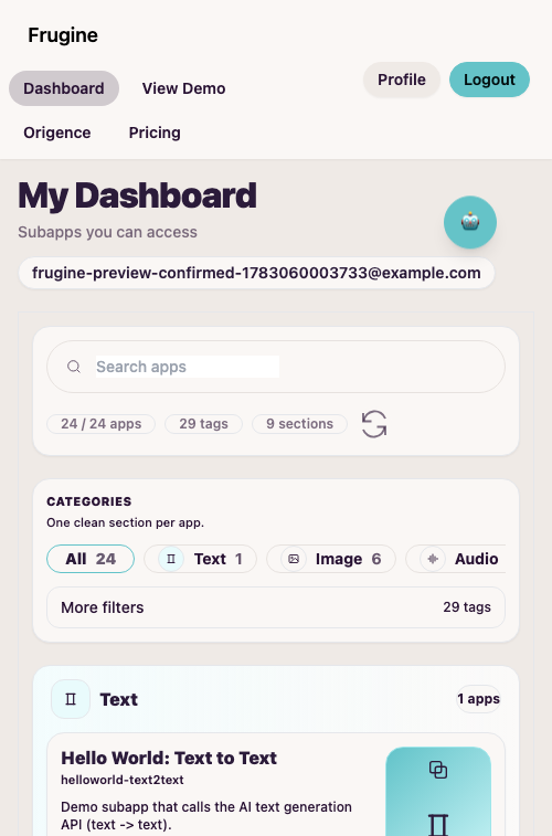 Frugine mobile dashboard screenshot