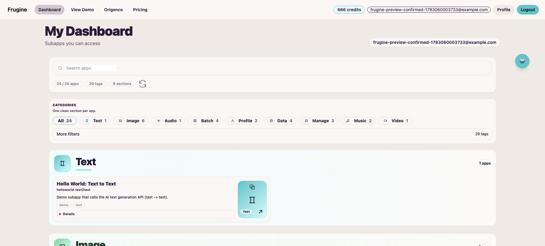 Frugine workspace dashboard showing app search, categories, credits and available AI apps